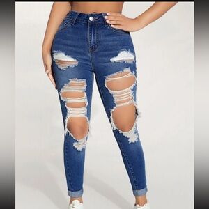 SHEIN PETITE High Waist Ripped Roll Up Hem Skinny Jeans
